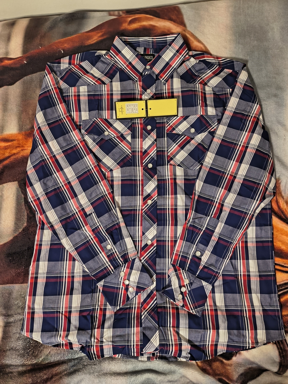 Gioberti Men's Plaid Pearl Snap Shirt in Navy, Red & White